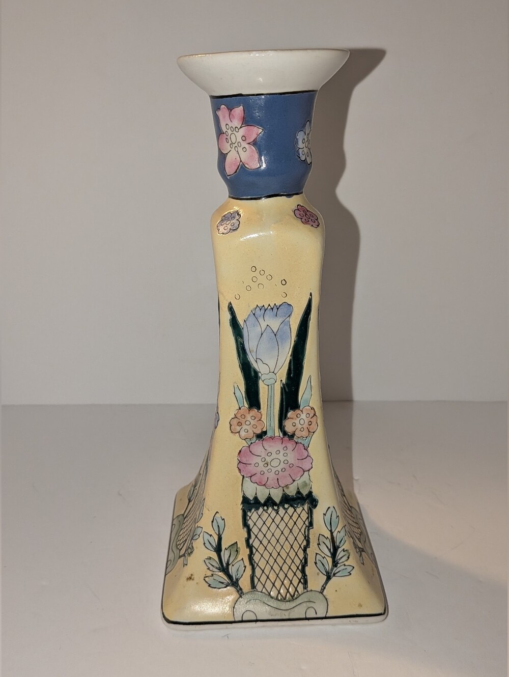 Vintage WBI Floral Hand Painted Chinese Style Taper Candle Stick Holder 8.75" T